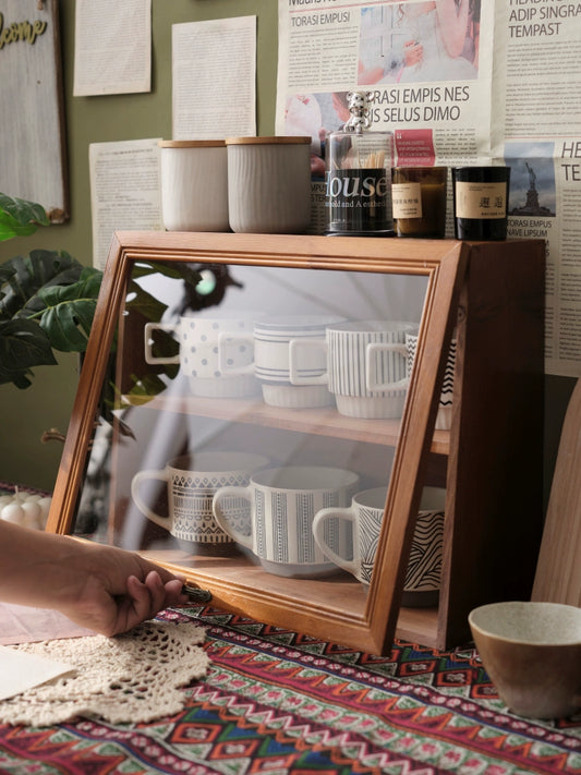 Retro Pine Wood Mug Display Shelf Cabinet