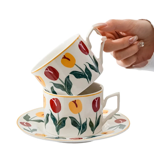 Hand-painted Retro Tulip Coffee Cup & Saucer Sets