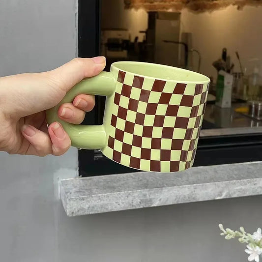 Irregular Mint Checkerboard Ceramic Coffee Cup